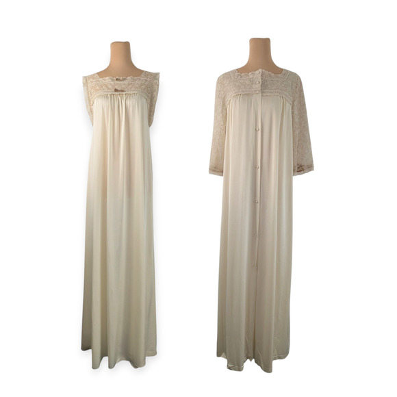 Henson Kickernick Ivory & Brown Nightgown and Robe Vintage Boudoir Set - Picture 1 of 16